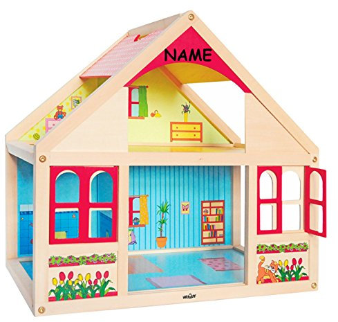 großes Puppenhaus aus Holz incl. Namen - Puppenstube/Wohnhaus - Spielhaus - von Seite bespielbar - Haus - z.B. für Biegepuppen Maßstab 1:12 - Puppenstuben -..