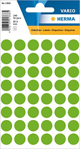 HERMA 1868 Punktaufkleber Klebepunkte leuchtgrün, 240 Stück, Ø 13 mm, 48 pro Bogen, selbstklebend, Markierungspunkte für Kalender Planer Basteln, matt, blanko Papier Farbpunkte Etiketten Aufkleber