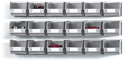 Einhängeschienen-Set mit Sichtlagerkästen, 3 Schienen, 18 Kästen, grau.