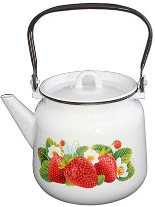 Cafetera/tetera esmaltada, 3,5 litros, aprox. 19 cm de diámetro, diseño de fresas retro