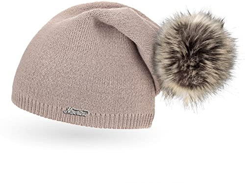 Neverless® außergewöhnliche Damen Strickmütze mit Fell-Bommel, Strick-Beanie dunkel-beige Unisize