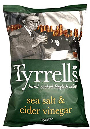 Tyrrels, Chips Vinegar & Sea Salt, Patatine all'Aceto e Sale Marino, Ideali come Snack per Merende, Antipasti o Feste, Senza Coloranti, Senza Glutine e Vegane, Busta da 150 g
