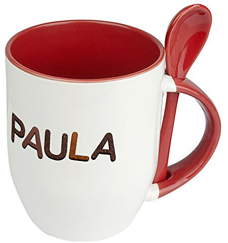 digital print Namenstasse Paula - Löffel-Tasse mit Namens-Motiv Schokoladenbuchstaben - Becher, Kaffeetasse, Kaffeebecher, Mug - Rot