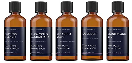 Mystic Moments | Yin Essential Oil Starter Pack | 5x100ml | Five essential oils: Eucalyptus, Geranium, Lavender, Cypress and Ylang Ylang for diffusers, burners and DIY blends.