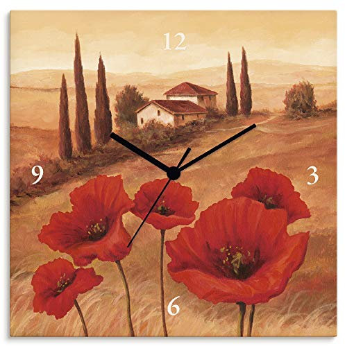 ARTLAND Wanduhr ohne Tickgeräusche Alu Quarzuhr 30x30 cm Quadratisch Lautlos Toskana Landschaft Italien Mohnblumen Natur T4NQ