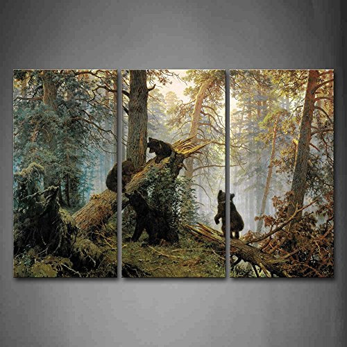 First Wall Art - Bären Spielen im Wald Leinwand Bilder Tiere Wandbild Poster 3 Panel Modern Dekorationen Für das Wohnzimmer,Büro,Küche,Badezimmer,Schlafzimmer