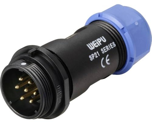 WEIPU Rundsteckverbinder IP68, Schraubverriegelung, In-Line-Stecker 7-polig für Kabeldurchmesser 7-12 mm, Lötanschluss für Litzen maximal 2 mm², AWG14, 15 A/500 V, SP2111, P 7 II 1 N