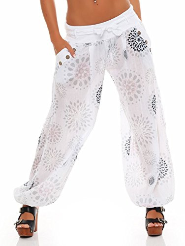 Malito – Haremshose Damen mit Print – Unisize Pumphose aus Baumwolle – Leichte Stoffhose inkl. Stoffgürtel – Bequeme Sommerhose für warme Tage – Dünne Aladinhose für Frauen 3481 (Größe 34-40)