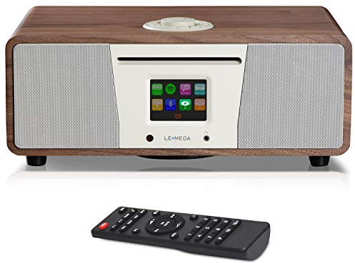 LEMEGA All-in-one Stereo Internetradio mit CD-Player (DAB+/UKW-RDS,Digitalradio mit Bluetooth,Spotify Connect,WLAN,LAN,Subwoofer,Fernbedienung und App,USB,AUX,Radiowecker,Farbdisplay)- Walnuss