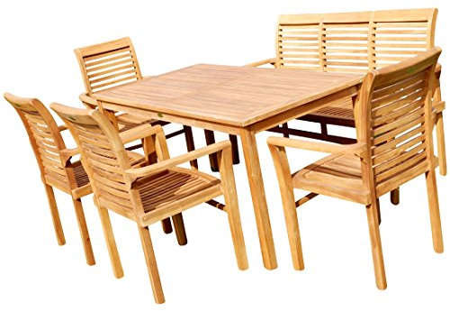 AS-S Teak Set Gartengarnitur Tisch 150x80 cm mit 1 Bank 150 cm für 3 Personen und 4 Sessel Holz Serie JAV-ALPEN