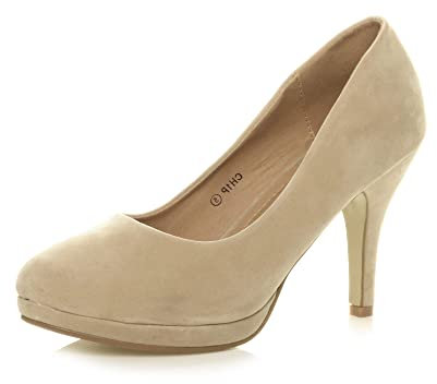 Womens Ladies mid high Heel Platform Work Evening Court Shoes Pumps, Nude Suede, 3 UK