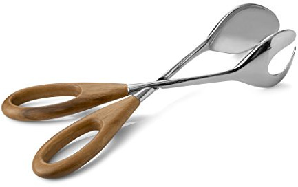 nambe Curvo Salad Scissors | 13 Inch Kitchen Tongs for Cooking, Salad, and Grilling | Made of Stainless Steel and Acacia Wood | Designed by Steve Cozzolino