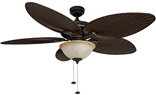 Honeywell Ceiling Fans Palm Island 52 Inch Ceiling Fan With Light, Indoor/Outdoor Ceiling Fan with Pull Chain, Tropical LED Dual-Mount 5 Palm Leaf Blade Design, ETL Damp Rated, Bronze (50202-01)