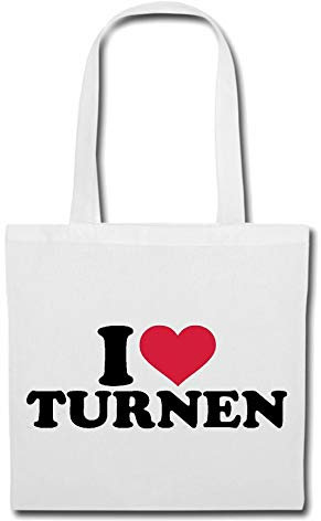 Reifen-Markt Tasche Umhängetasche I LOVE TURNEN - BODENTURNEN - LEICHTATHLETIK - GYMNASTIK - FITNESS Einkaufstasche Schulbeutel Turnbeutel in Weiß