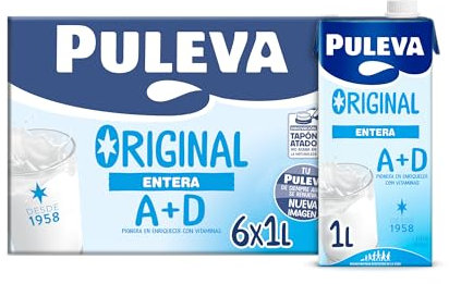 Puleva - Leche Entera Original, Con Vitaminas A y D, Fuente de Calcio y Energía, Sin Gluten, Sin azúcares añadidos - Pack 6x1L