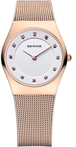 BERING Damen Quarz Uhr | Armbanduhr 27 mm roségoldenes Edelstahlgehäuse und weißes Zifferblatt | Milanaisearmband | Saphierglas | 5 ATM | 11927-366
