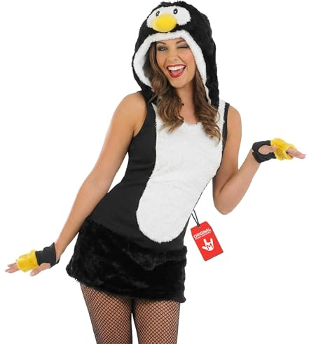 Fun Shack Penguin Costume Women, Christmas Costume for Women | Black Dress with Penguin Hood, Coordinating Gloves, Black Leg Warmers Included, Perfect for Christmas, Great for Dress-Up