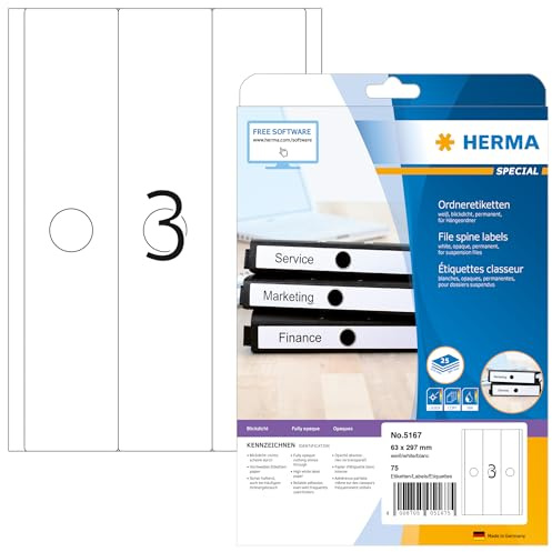 HERMA 5167 Hängeordner-Etiketten lang breit, 25 Blatt, 63 x 297 mm, 3 pro A4 Bogen, 75 Stück, selbstklebend, bedruckbar, blickdicht, blanko Papier Ordneretiketten Rückenschilder Aufkleber, weiß
