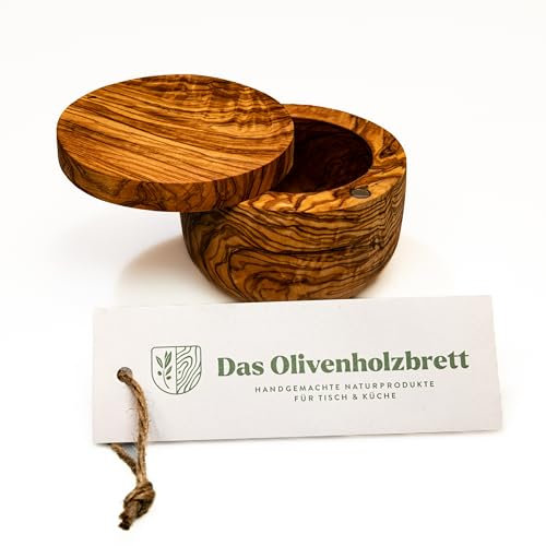 das Olivenholzbrett® Magnetdose Olivenholz Dose mit Schwenkdeckel flach/Salzdose mit Deckel aus Holz/Olivenholzdose für Salz und Gewürze/rund 10cm Durchmesser