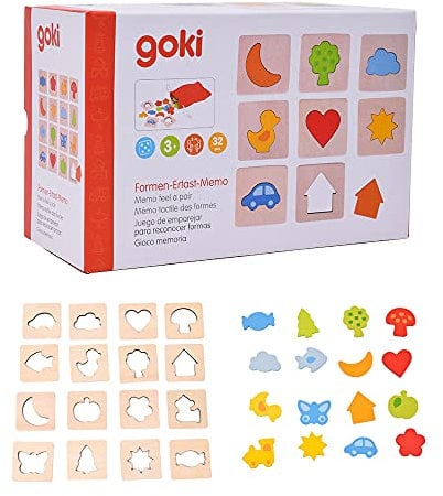 goki 56968 - Memospiel Formen ertasten aus Holz und Textil, Taktiles Lernspiel für die ganze Familie, unterschiedliche Formen erkennen, Förderung Feinmotorik und Tastsinn, 32er Set, ab 3 Jahr