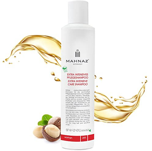 MAHNAZ® Veganes Shampoo für trockene Kopfhaut & trockenes Haar - 200ml - Intensives Feuchtigkeitsshampoo mit Macadamia-& Jojobaöl/Milde Haarpflege/Extra intensives Pflegeshampoo