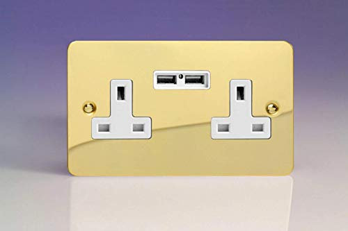 Varilight 2-Gang 13A Unswitched Plug Socket + 2 5V DC 2100mA USB Charging Ports Polished Brass XFV5U2W