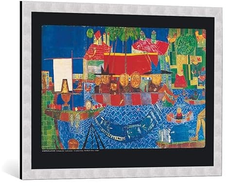 kunst für alle Bild mit Bilder-Rahmen: Friedensreich Hundertwasser Der wunderbare Fischfang - dekorativer Kunstdruck, hochwertig gerahmt, 84x59 cm, Silber gebürstet