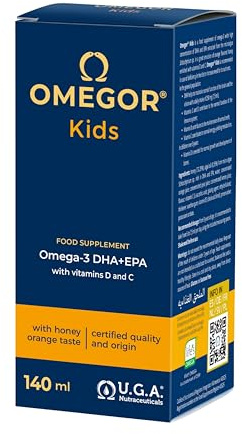Omegor Kids liquid – Nahrungsergänzung mit pflanzlichem Omega 3 für Kinder – 250 mg DHA & 125 mg EPA aus Algenöl – Emulsion aus Honig & Fruchtsäften – Mit Vitamin D3 & C – 150ml Glasflasche mit Löffel