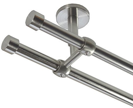 BASIT Gardinenstange Deckenmontage 2 läufig 180cm lang Edelstahl Look Metall Gardinenstange 2 läufig Deckenbefestigung Ø16mm I 120-600cm wählbar D21