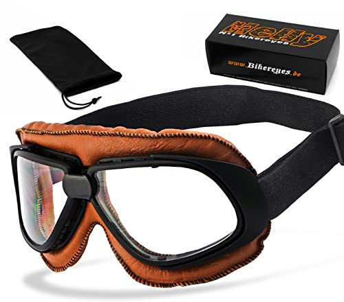 Helly® - No.1 Bikereyes® | beschlagfrei, winddicht | HLT® Kunststoff-Sicherheitsglas nach DIN EN 166 | Motorradbrille, Vintage, Retro, Classic, Flieger, Helm, Chopper, Harley, Brille (klar/braun)