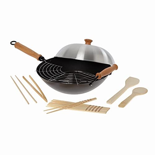 Joyce Chen Ensemble de wok 10 pièces de 35,6 cm avec poêle en acier au carbone antiadhésive avec couvercle et poignées en érable, support Tempura, ustensiles et livre de recettes