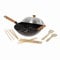 Joyce Chen Ensemble de wok 10 pièces de 35,6 cm avec poêle en acier au carbone antiadhésive avec couvercle et poignées en érable, support Tempura, ustensiles et livre de recettes