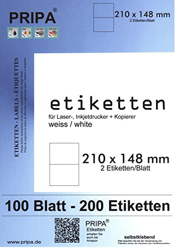 pripa Etikett 210 x 148 mm - 100 Blatt DIN A4 selbstklebende Etiketten - 200 Stück (100)