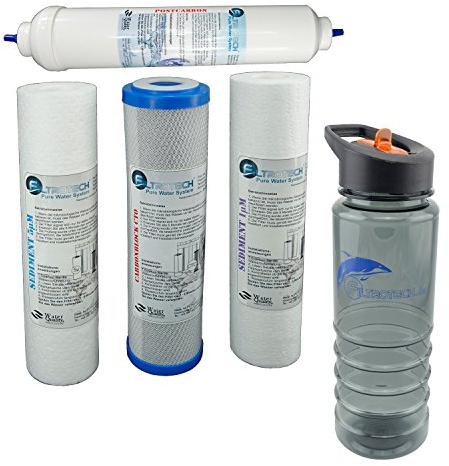 FILTROTECH Umkehrosmose Filter-Set 10 Zoll, 4-teilig | Mit In-Line Aktivkohle-Nachfilter und Tritan-Trinkflasche gratis, für 5-stufige RO-Anlagen