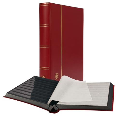 LIGHTHOUSE – “BASIC” Hard Cover Stockbook for Stamps - 64 Black Cardstock A4 Pages with Clear Strips and Double Linen Hinges - Red