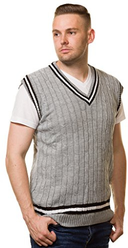 Bay eCom UK Mens Cricket Jumper V Neck Sleeveless Casual wear Cable Knitted Tank top S to XL (Small, Grey)