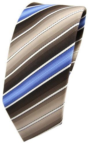 TigerTie - schmale Designer Krawatte in braun beigebraun blau creme gestreift