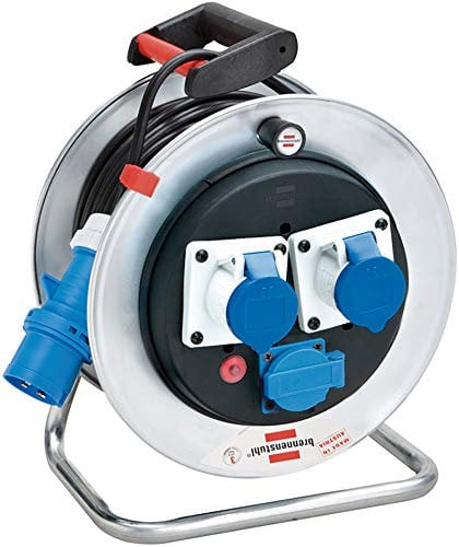 Brennenstuhl 1192786 Avvolgicavo 33 m serie Garant SK in acciaio zincato antiruggine, 2 prese CEE 3 poli 230V/16A 1 presa Schuko, coperchi autochiudenti, diametro 29 cm maniglia ergonomica, argento