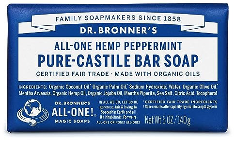 Dr Bronner's Peppermint Pure-Castile Bar Soap, Made with Organic Oils with Certified Fairtrade Ingredients, Used for Body, Face and Hair, Vegan Friendly, 140g Bar