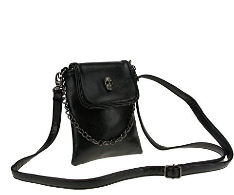 FakeFace Damen PU Leder Schultertasche Umhängetasche Clutch Handtasche Henkeltasche mit Totenkopf Handytasche Handbag Crossbody Bag Geschenk für Damen Mädchen (Schwarz)
