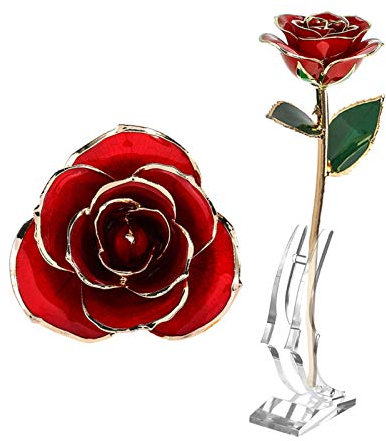 ZJchao 24 Karat vergoldet Echte Rose im Geschenk-Kasten mit Standplatz, konservierte Blume (Rot)