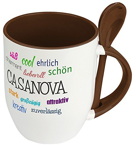 Löffeltasse mit Namen Casanova - Motiv Positive Eigenschaften - Namenstasse, Kaffeebecher, Mug, Becher, Kaffeetasse - Farbe Braun