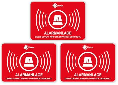 3er Aufkleber-Set Alarmanlage I hin121 I 7 x 5 cm I Achtung Gebäude, Objekt ist alarm-gesichert I für Fenster-Scheibe, Tür I innenklebend