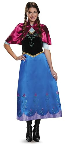 Disney Frozen Anna Deluxe Adult Costume, Officially Licensed Halloween Dress Up Outfit, Size Large