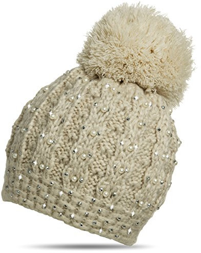 Caspar MU106 Damen Winter Mütze Bommelmütze mit Perlen und Glitzer Strass, Farbe:beige, Größe:One Size