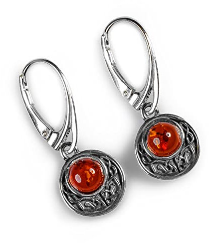 keltischem Kreis Ohrringe in 925 Silber und baltischer Bernstein cognac mit Geschenk-Box
