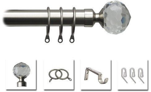 Speedy Pristine 25 - 28mm Crystal Extendable Metal Curtain Pole Set, Satin Silver, 170 - 300 Cm