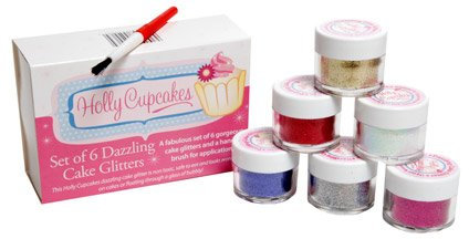 Set of 6 Holly Cupcakes Stunning Sparkly Decorating Glitters with Application Brush: Silver, Gold, Iridescent White, Fuchsia, Green & Blue