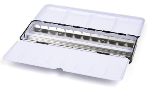 Jaxon Aquarell-Leerkasten aus robustem Metall, für 24 halbe oder 12 ganze Näpfe, mit ausklappbarer Palette und Daumenring