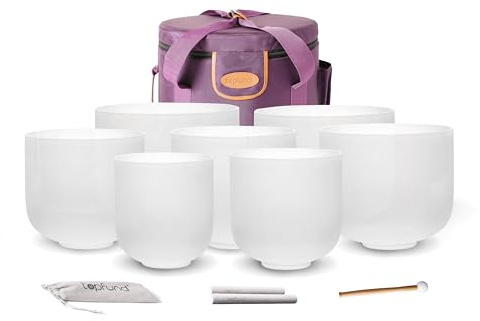 TOPFUND Chakra-Set aus 7 farbigen Kristall-Klangschalen mit einem Durchmesser von 8-10 Zoll, inklusive strapazierfähigen Tragekoffern und Klangschlägeln.